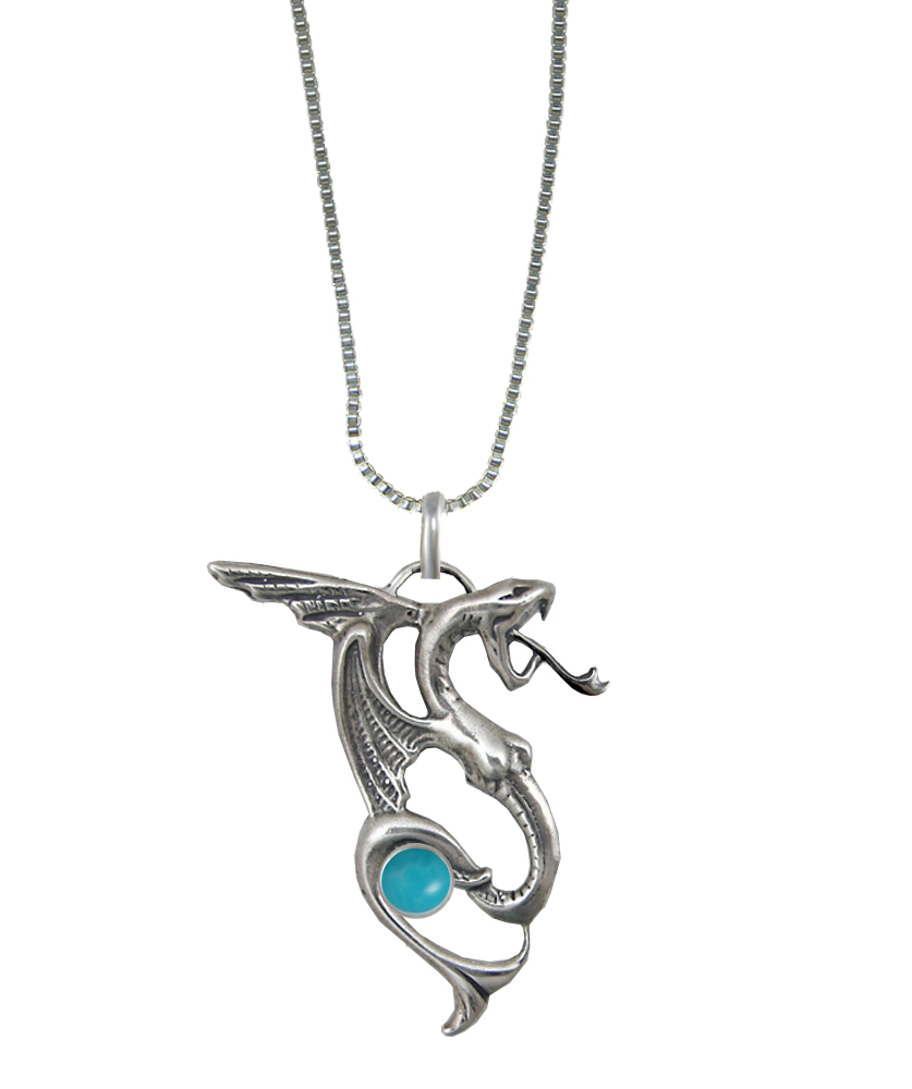 Sterling Silver Medieval Dragon Pendant With Turquoise